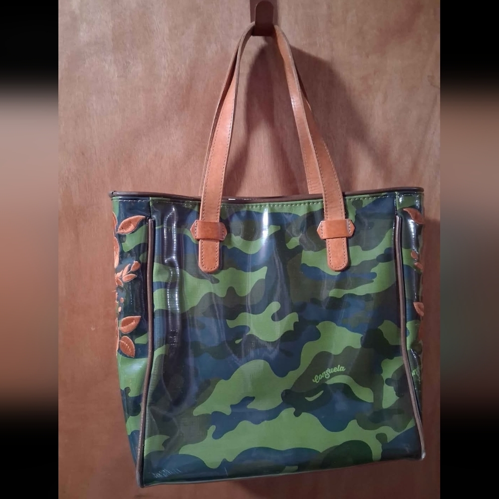 CONSUELA TOTE CAMO LEOPARD PURSE REAL LEATHER HANDLES CARAMEL EMBROIDERY HTF - Picture 2 of 6